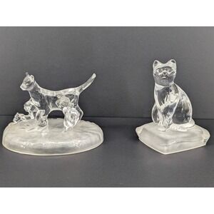 2 Vintage Frosted Clear Glass Cat Figurines Mother with Kittens & Sitting Cat
